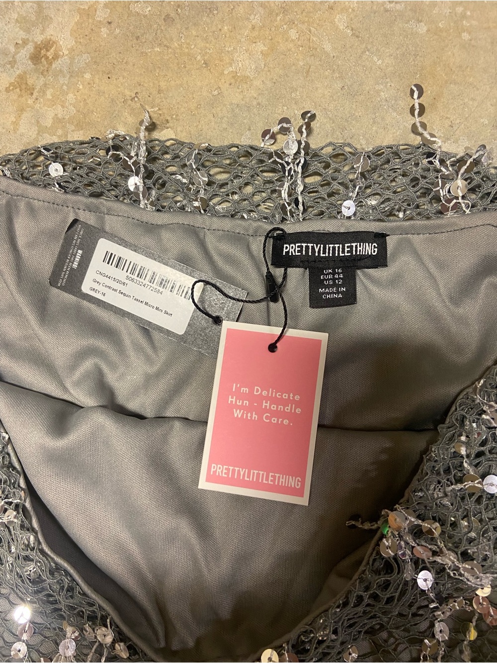 Pretty Little Thing Silver Sequin Tassel Mesh Micro Mini Skirt Size 12 Party - Picture 9 of 11